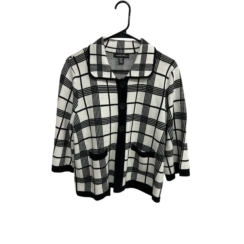 Designers Originals Black White Plaid 3/4 Sleeve Cardigan Sweater Size PXL Prepp